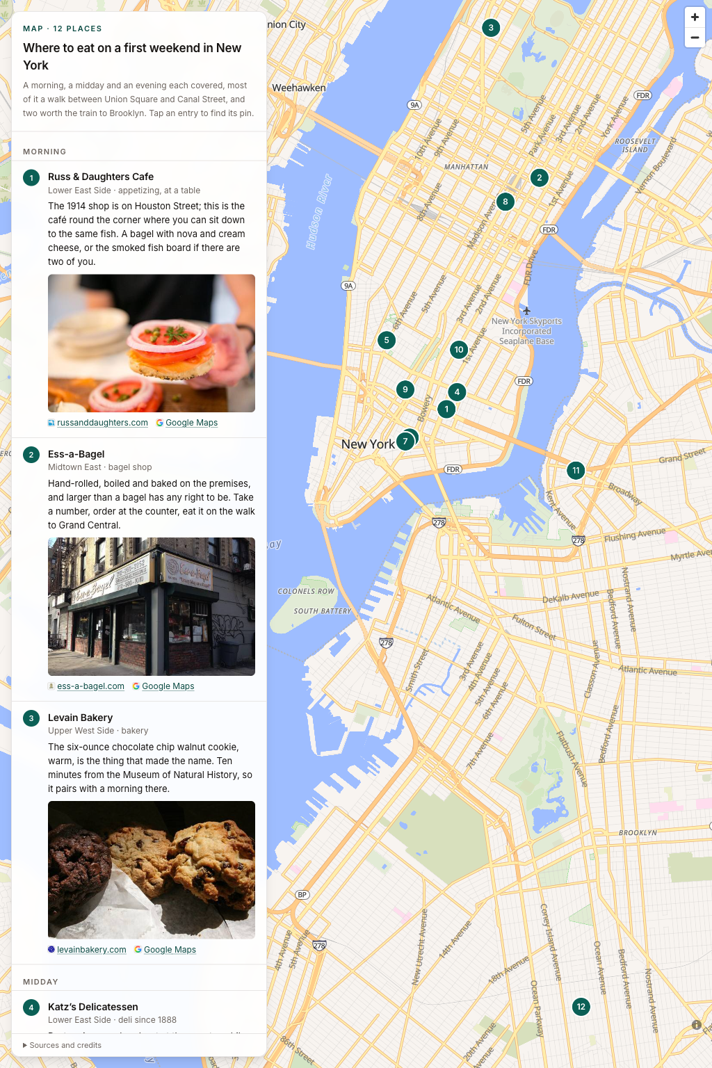 Places: twelve pins over the city, a card grouped by time of day, photos, rendered